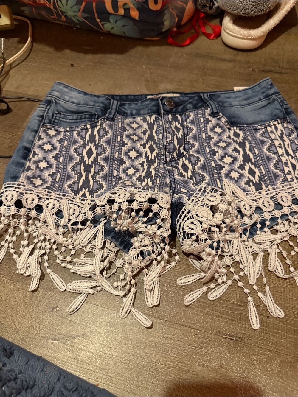 lei Blue Denim & White Crochet Trim Jean Shorts